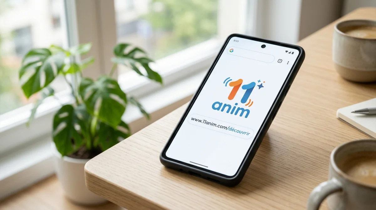 Smartphone affichant la nouvelle adresse web 11anim, logo visible, bureau moderne