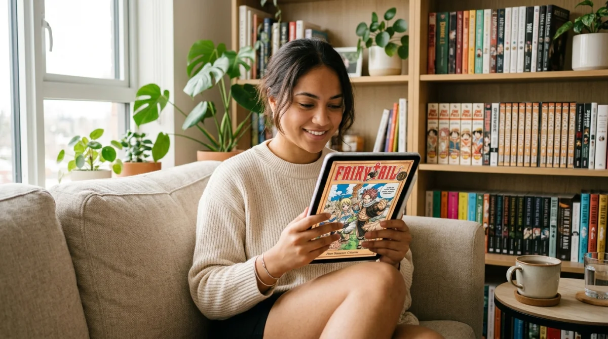 Quelle est la nouvelle adresse d'Asura Scan en 2026 ? - Geekodrome: Boutique d'accessoires geek Personne souriante lisant un manga sur tablette dans un salon lumineux, ambiance paisible.