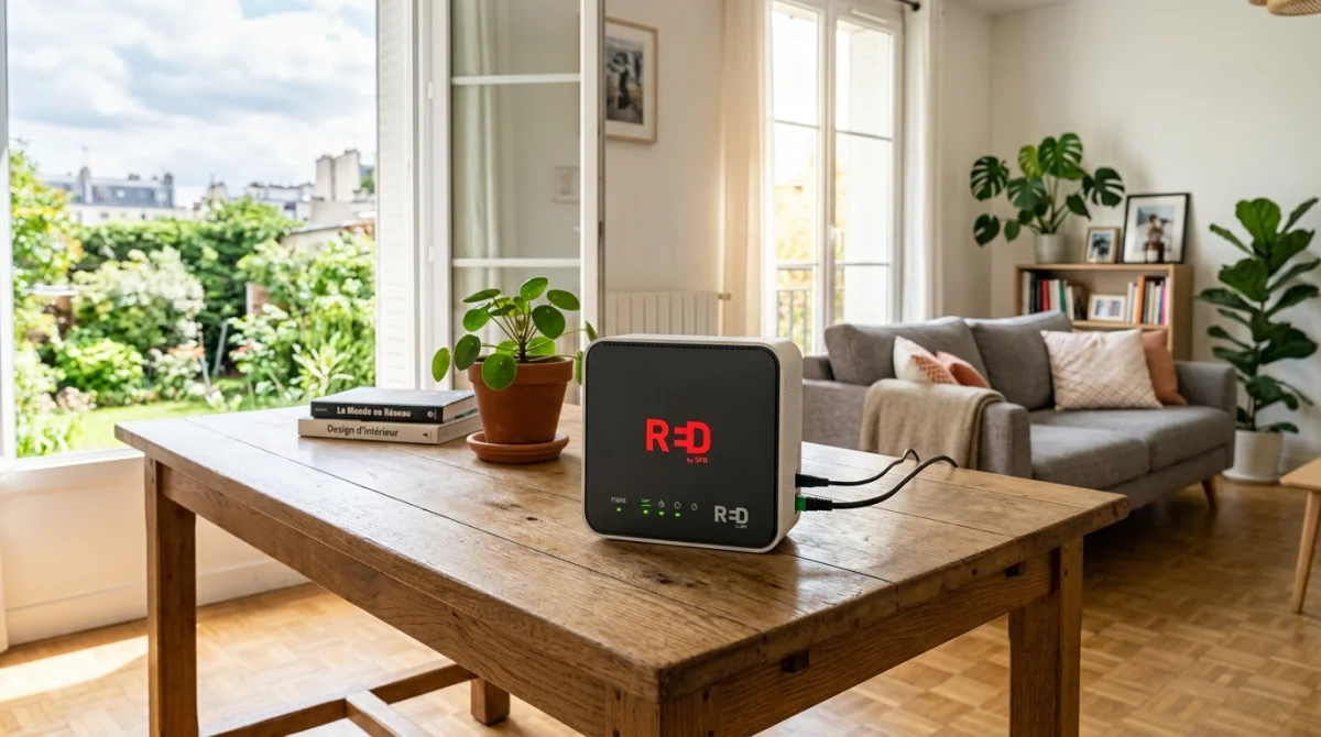 Box internet RED by SFR dans un salon moderne et lumineux