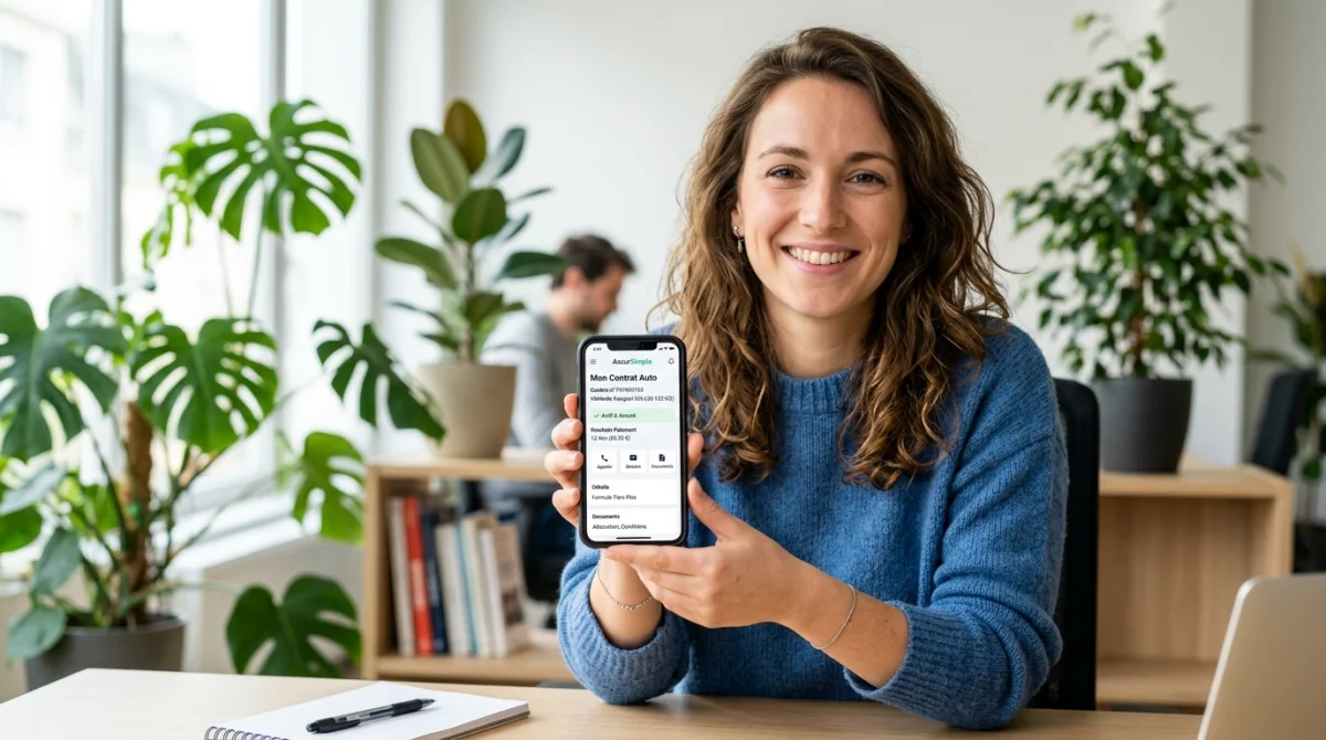 Assurance Chubb SFR : comment gérer son contrat facilement ? - Geekodrome: Boutique d'accessoires geek Personne souriante gérant son contrat d'assurance Chubb SFR sur smartphone dans un bureau moderne.