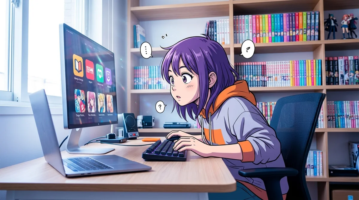 Quelle est la nouvelle adresse de Manga18FX en et comment y accéder sans risque - Geekodrome: Boutique d'accessoires geek Personnage manga curieux devant un écran d'ordinateur affichant des icônes de streaming manga.