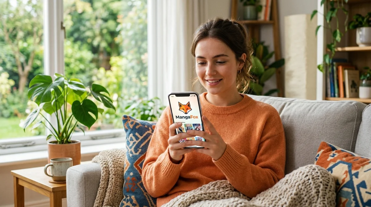 Quelle est la nouvelle adresse de MangaFox en 2026 ? - Geekodrome: Boutique d'accessoires geek Personne lisant MangaFox sur smartphone dans un salon lumineux, logo visible.