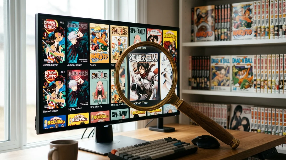 Quelle est la nouvelle adresse de MangaFox en 2026 ? - Geekodrome: Boutique d'accessoires geek Loupe sur écran d'ordinateur montrant des couvertures de mangas, symbolisant la recherche de MangaFox.