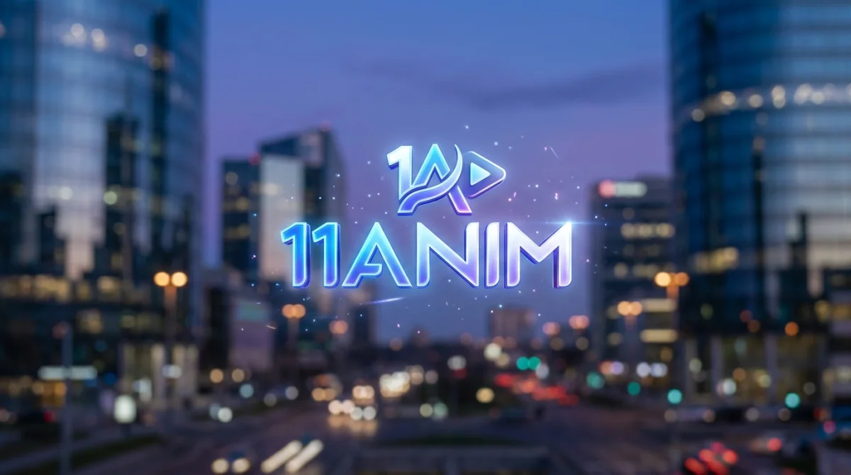 Logo 11anim stylisé flottant sur fond urbain moderne, couleurs vives