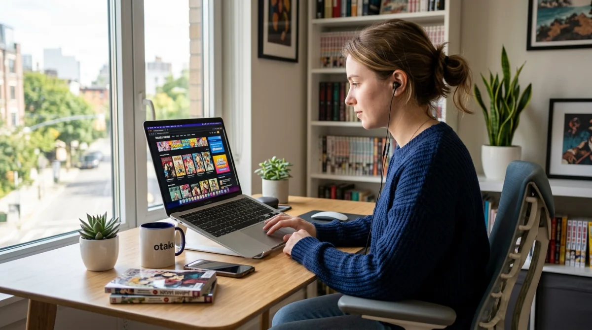 Personne naviguant sur un site de manga Japscan sur ordinateur portable, bureau moderne