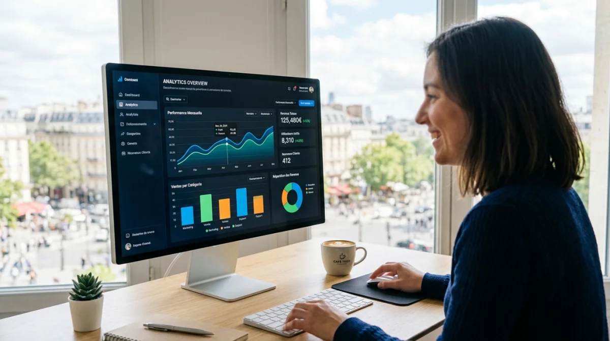 Tableau de bord analytique numereeks avec graphiques interactifs et données chiffrées sur écran d'ordinateur.