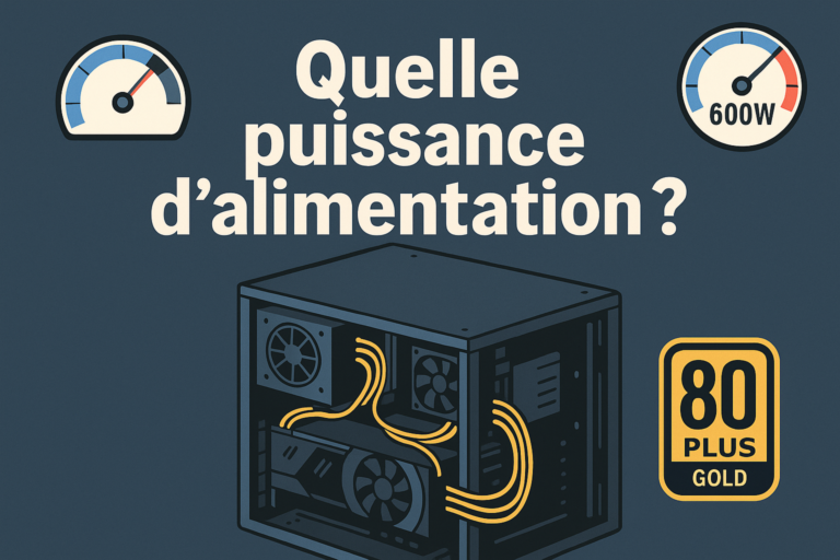 Illustration puissance d’alimentation ordinateur avec bloc PSU et câbles vers carte graphique