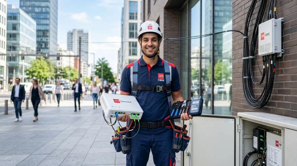 Technicien SFR souriant avec matériel fibre optique, symbole de la connexion Osiris SFR.