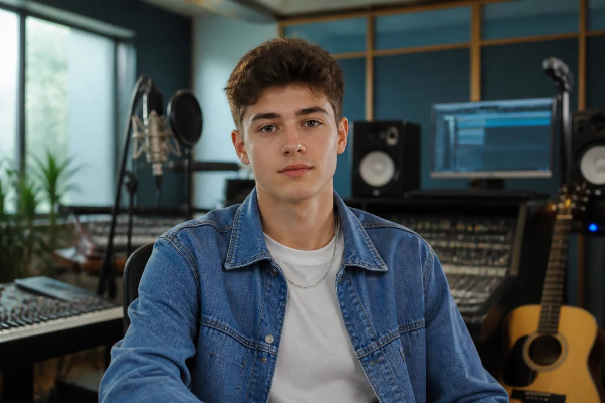 Alphonse, gagnant de The Voice, en pleine session d'enregistrement dans un studio professionnel moderne en 2024.