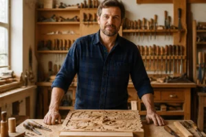 Un artisan menuisier concentré sur son travail dans un atelier lumineux, illustrant la vie actuelle du fils de Bernard Laroche.