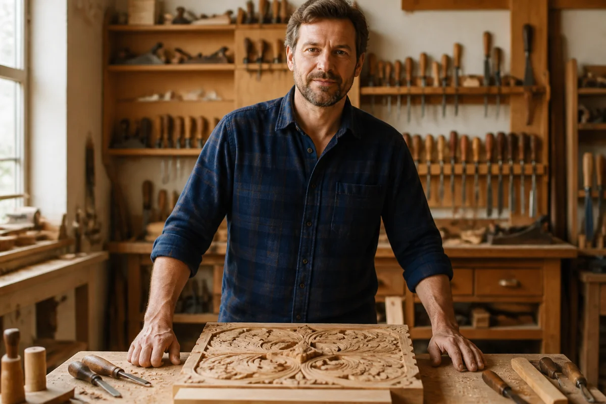 Un artisan menuisier concentré sur son travail dans un atelier lumineux, illustrant la vie actuelle du fils de Bernard Laroche.