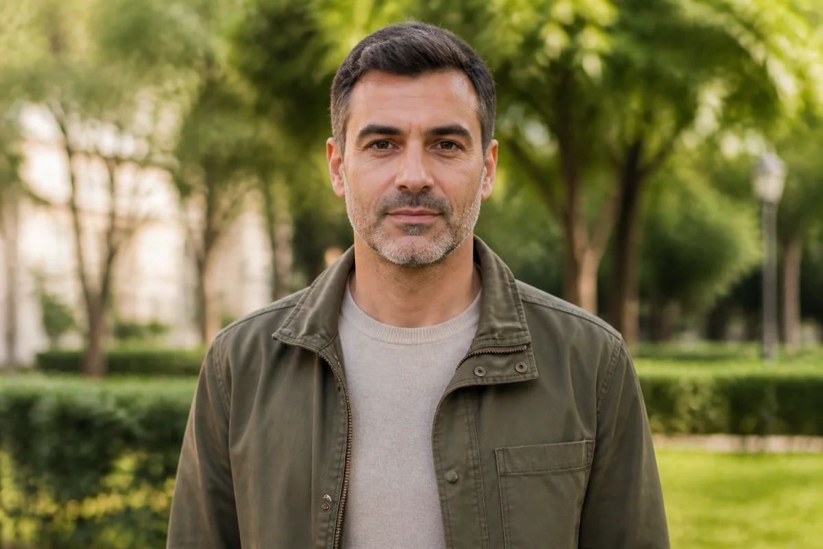 Portrait d'un homme serein dans un parc urbain, illustrant le sujet sur ce que devient le fils de Bernard Laroche.