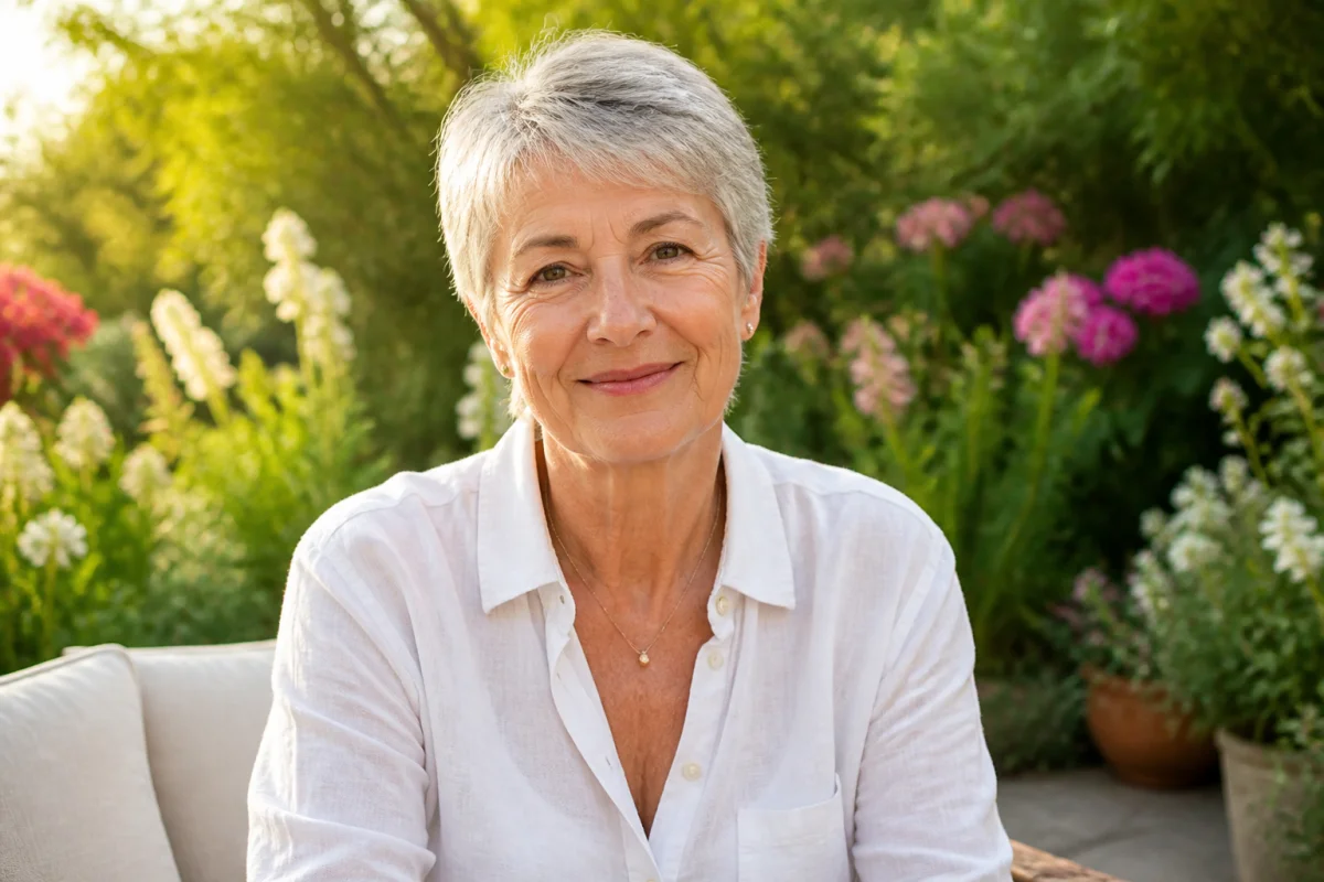 Françoise Lavit souriante et élégante dans un jardin ensoleillé, illustrant son épanouissement actuel.