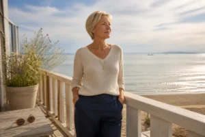 Femme blonde élégante contemplant la mer depuis une terrasse en bois, évoquant la quiétude de la maison de France Gall.