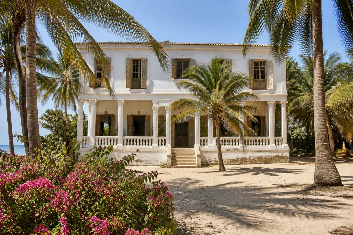 Que devient la maison de France Gall au Sénégal - Geekodrome: Boutique d'accessoires geek Villa coloniale blanche entourée d'une végétation luxuriante sur une île sénégalaise, illustrant ce que devient la maison de France Gall.