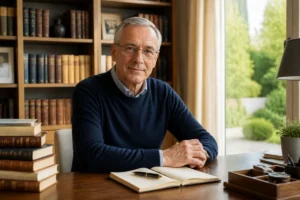 Portrait d'Olivier Duhamel, assis sereinement dans son bureau entouré de livres, pour illustrer que devient Olivier Duhamel.
