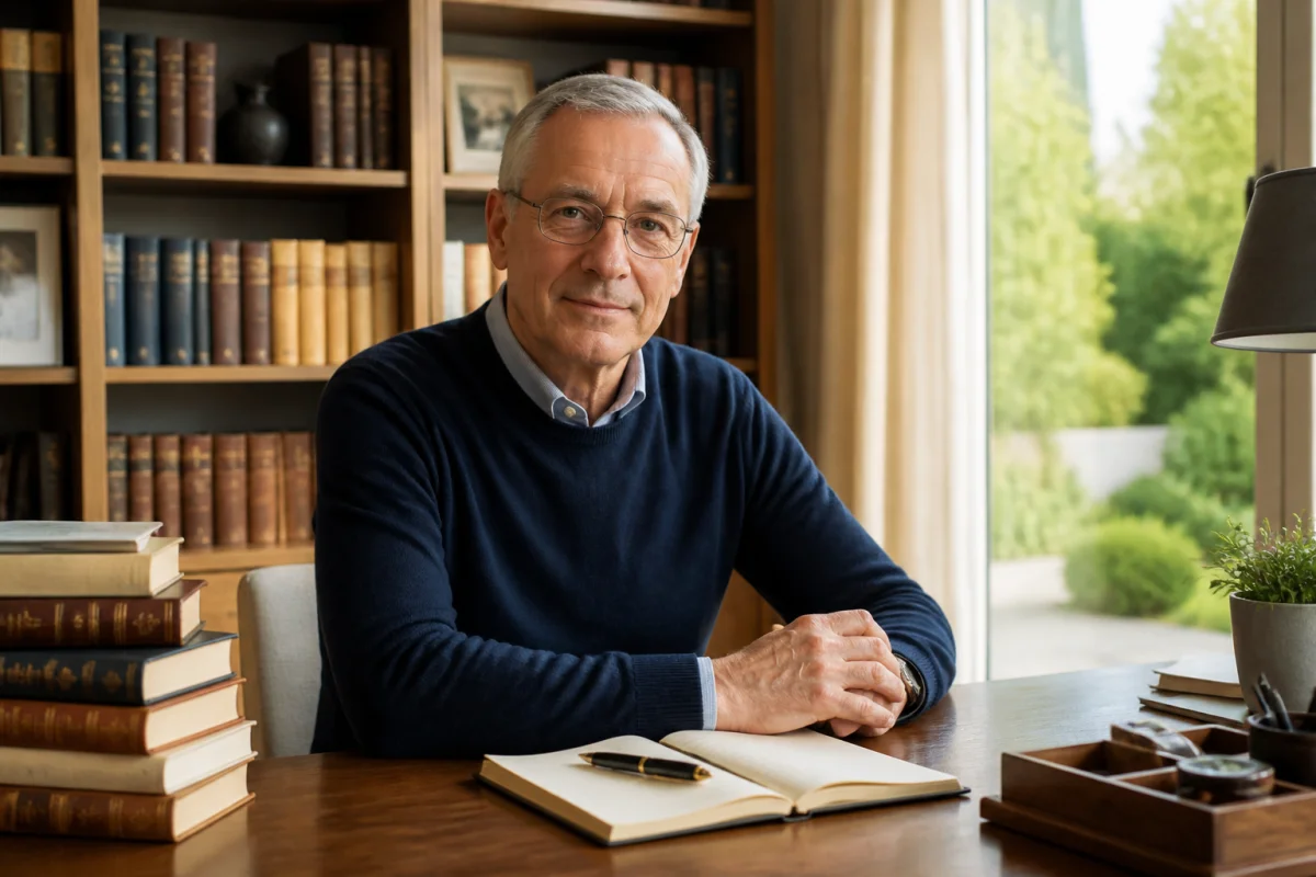 Portrait d'Olivier Duhamel, assis sereinement dans son bureau entouré de livres, pour illustrer que devient Olivier Duhamel.