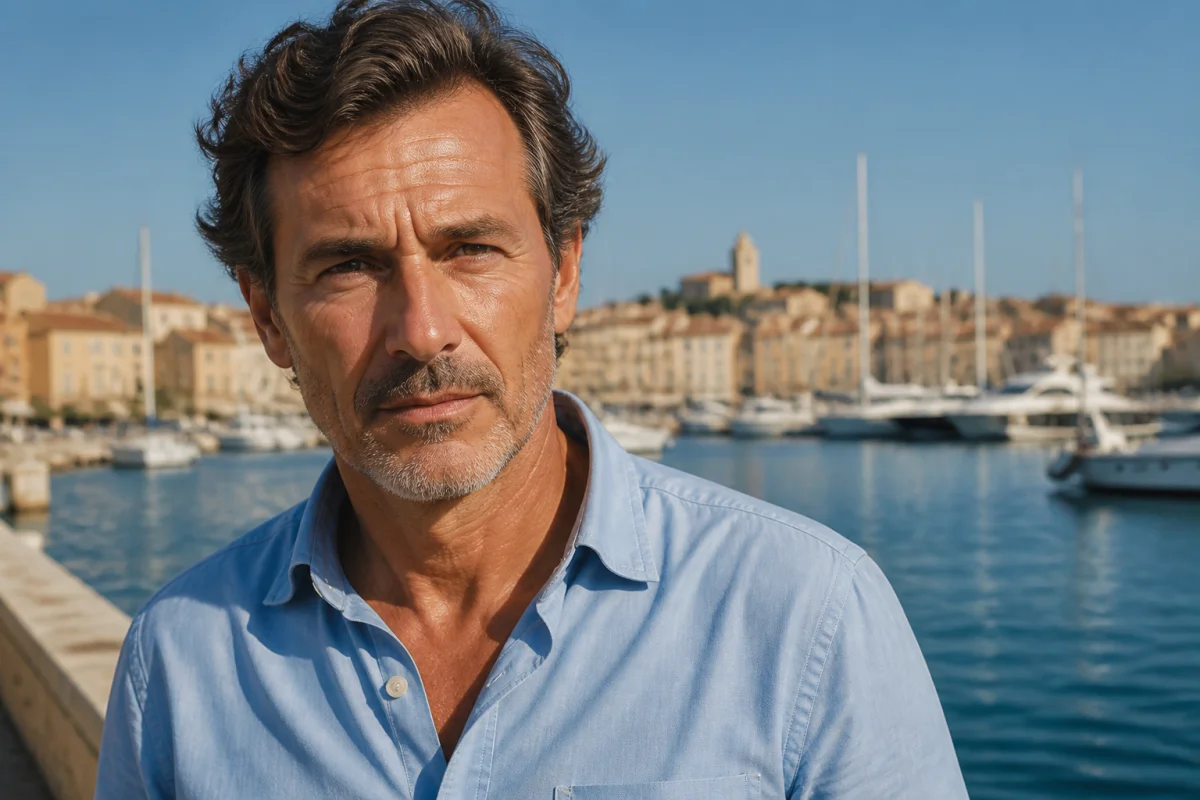Portrait de Patrick Chabert pensif devant un port méditerranéen, illustrant sa vie actuelle dans un cadre apaisé.