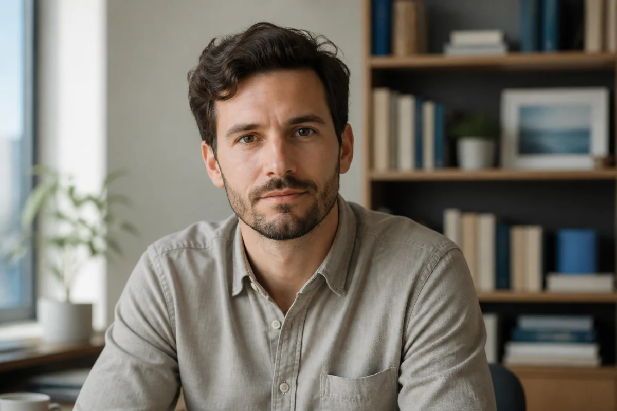 Que devient Yann Rouxel aujourd'hui - Geekodrome: Boutique d'accessoires geek Portrait de Yann Rouxel, serein et pensif, dans son bureau lumineux, illustrant son parcours et ses projets actuels.