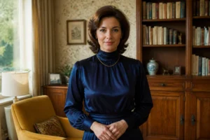 Portrait élégant de Françoise Lavit dans un salon vintage aux tons chaleureux, évoquant son parcours et son actualité.