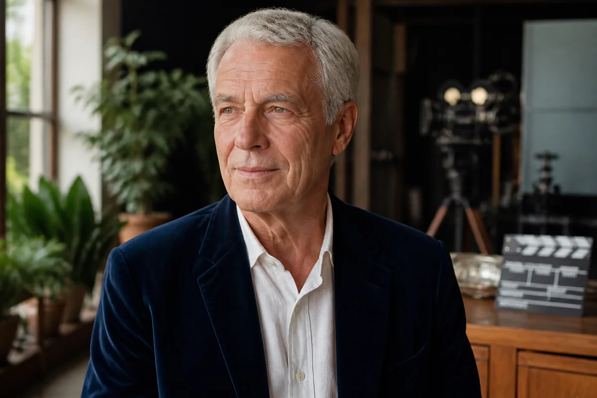 Portrait serein de l'acteur Jean-François Balmer en veste bleue dans un studio de cinéma professionnel.