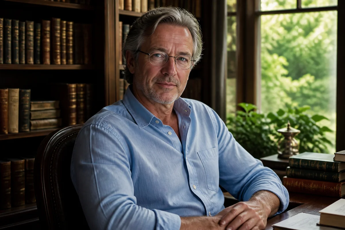 Portrait d'Olivier Duhamel assis sereinement dans une bibliothèque privée, illustrant sa vie actuelle et ses activités intellectuelles.
