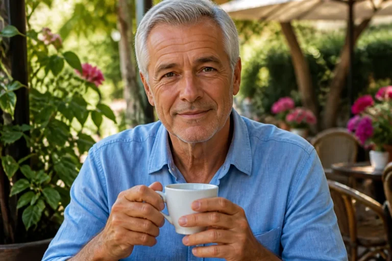 Portrait serein de Patrick Chabert, un homme aux cheveux gris, tenant une tasse sur une terrasse fleurie.