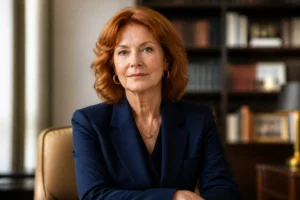 Sarah Ferguson élégante et sereine dans un bureau feutré pour illustrer ce que devient Sarah Ferguson en 2026.