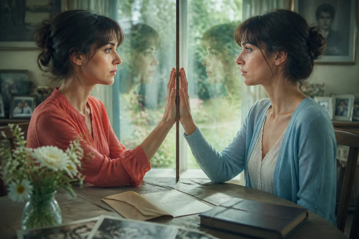L’amour et les forêts fin expliquée - Geekodrome: Boutique d'accessoires geek Deux sœurs jumelles face à face derrière une vitre, évoquant l’amour et les forêts fin expliquée.