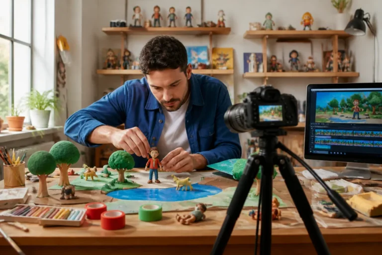 Animateur ajustant une figurine miniature dans un atelier de film en stop motion devant une caméra sur trépied