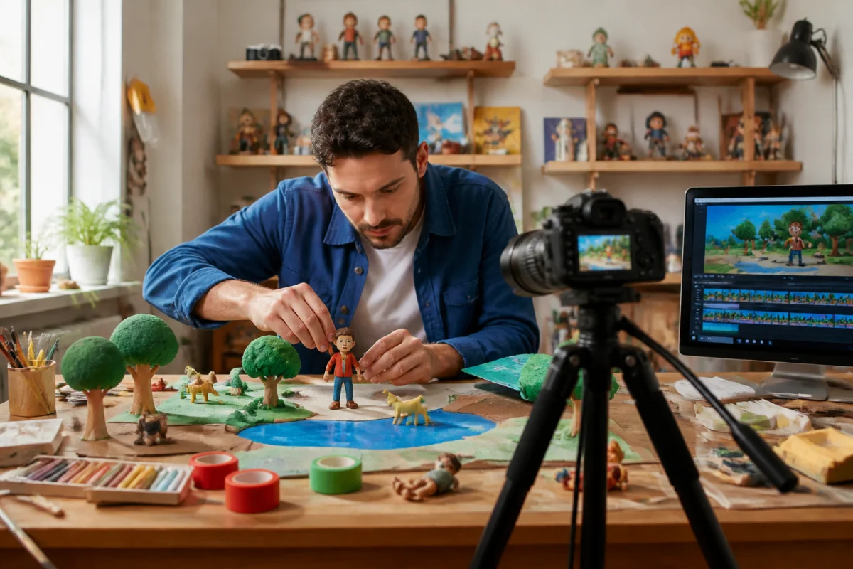Tout savoir sur le film en stop motion - Geekodrome: Boutique d'accessoires geek Animateur ajustant une figurine miniature dans un atelier de film en stop motion devant une caméra sur trépied