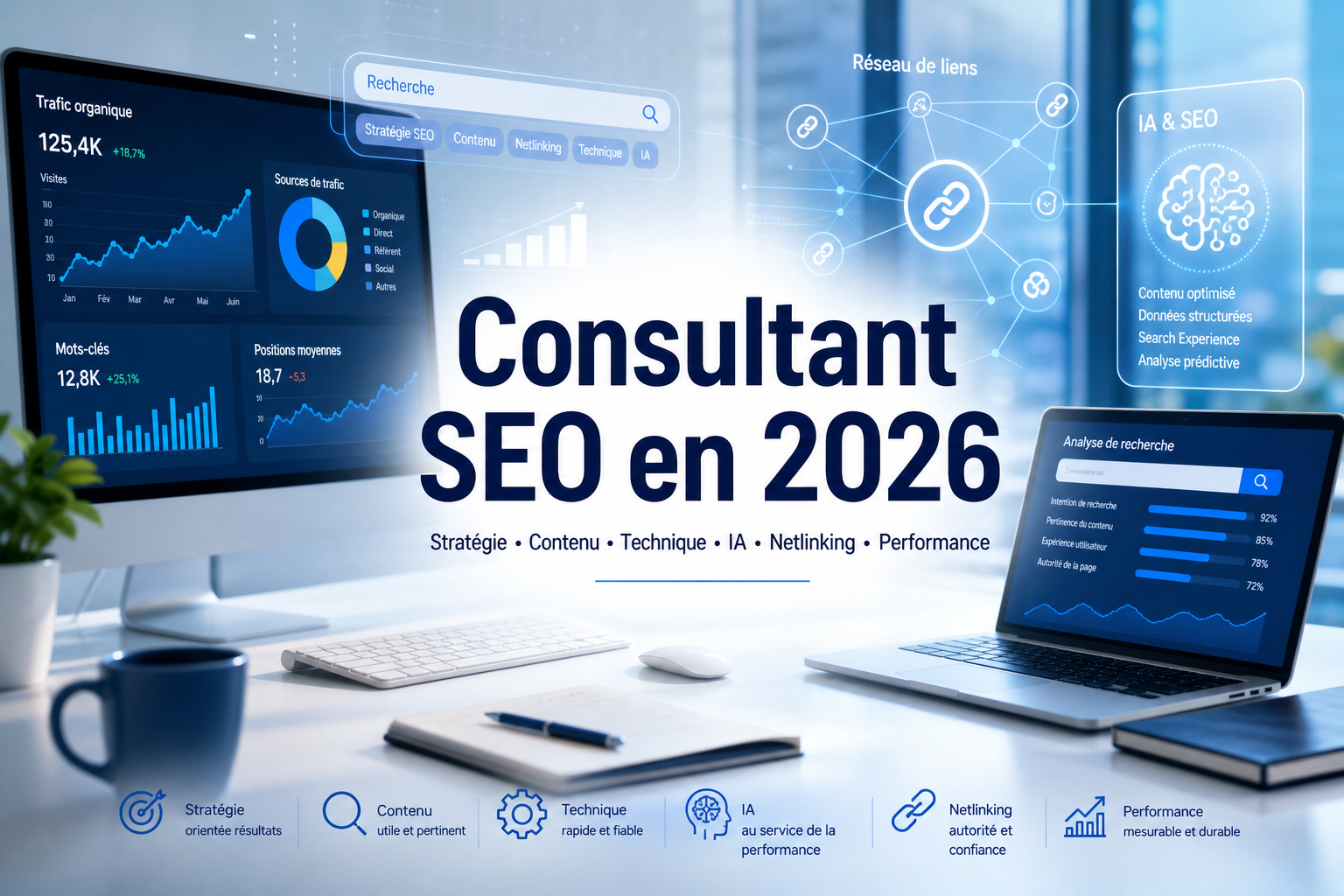 Consultant SEO 2026 dans un bureau moderne avec IA