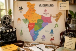 Carte artistique de l’Inde entourée de bobines de film, pellicules et symboles des grandes industries cinématographiques régionales