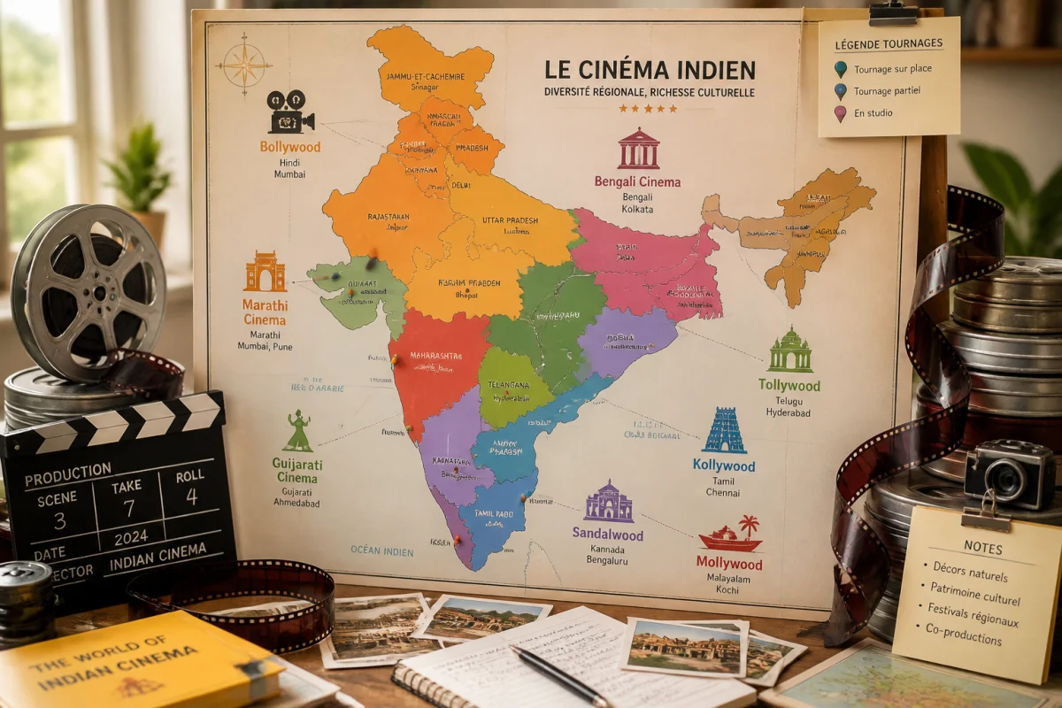 Carte artistique de l’Inde entourée de bobines de film, pellicules et symboles des grandes industries cinématographiques régionales