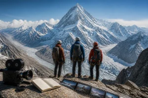 Film en montagne avec une cordée d’alpinistes face à un sommet enneigé, caméra et pellicule au premier plan.
