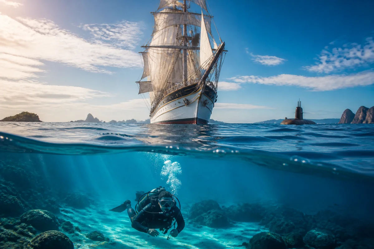 Navire ancien, plongeur et sous-marin réunis dans une scène maritime évoquant les meilleurs films en mer