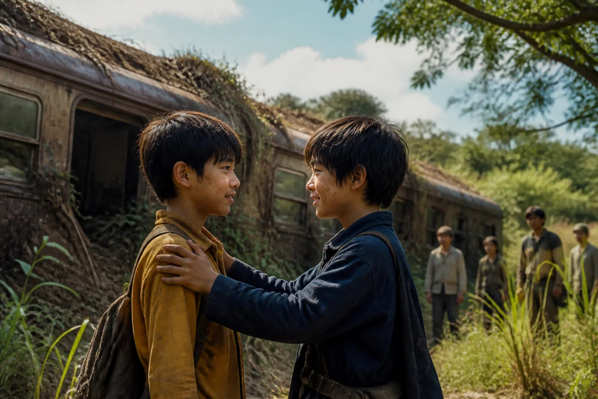 Deux garçons japonais se retrouvent devant un wagon enfoui, dans une scène finale empreinte d’espoir et d’émotion.