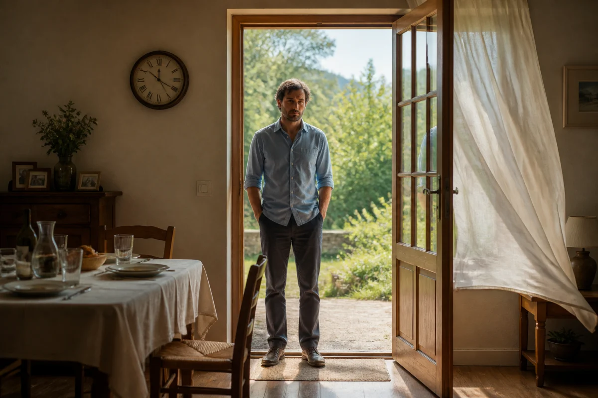 Homme seul sur le seuil d’une maison familiale, symbolisant le silence et le départ dans Juste la fin du monde explication