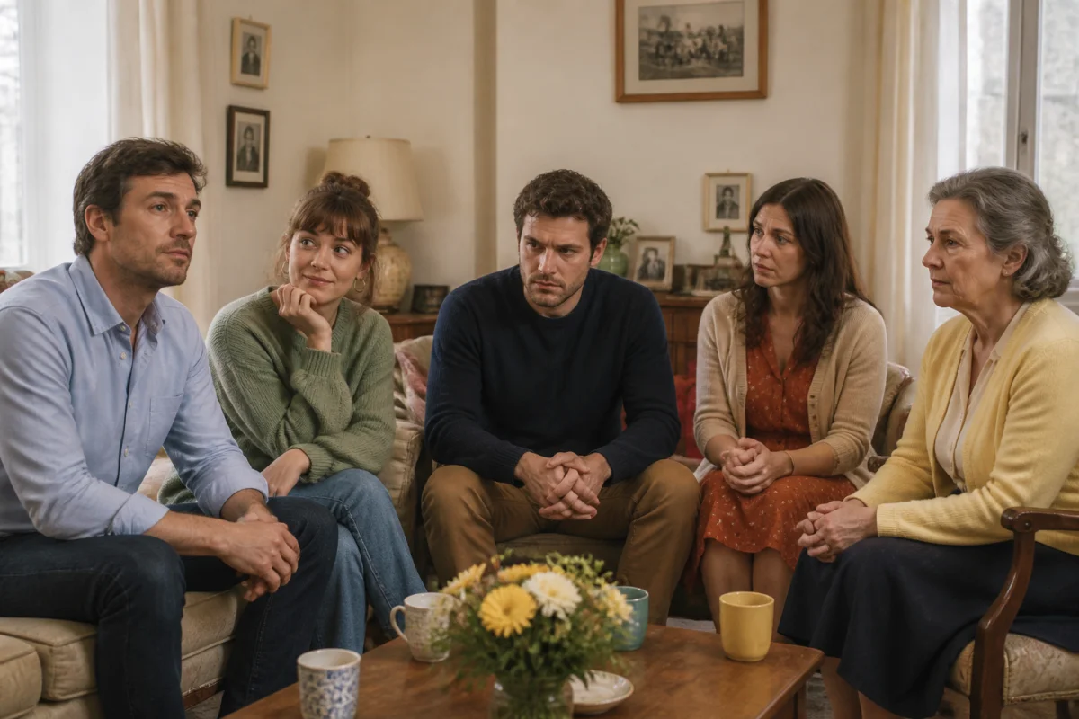 Famille réunie dans un salon provincial, illustrant Juste la fin du monde et ses tensions familiales contenues