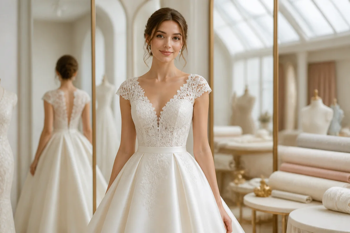 Que devient Mahdia de La Robe de ma vie aujourd’hui ? - Geekodrome: Boutique d'accessoires geek Mahdia sourit dans un atelier de couture, portant une élégante robe de mariée en dentelle pour La robe de ma vie.