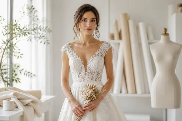 Mahdia porte une élégante robe de mariée en dentelle travaillée dans un atelier de couture lumineux et inspirant.