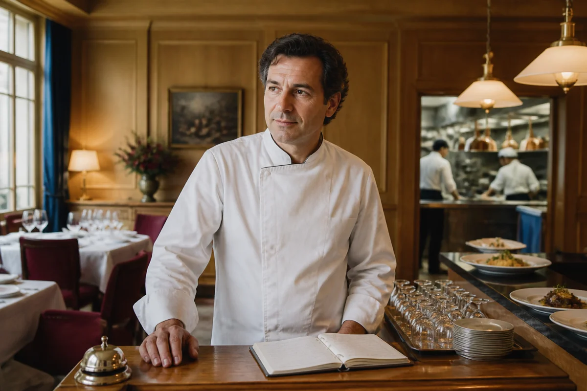 Que devient Alain Pic aujourd’hui - Geekodrome: Boutique d'accessoires geek Que devient Alain Pic : restaurateur français en veste blanche derrière le comptoir d’un restaurant gastronomique familialાહેર