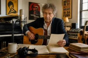 Que devient Bob Dylan : auteur-compositeur-interprète âgé en studio, guitare acoustique et notes musicales à la main