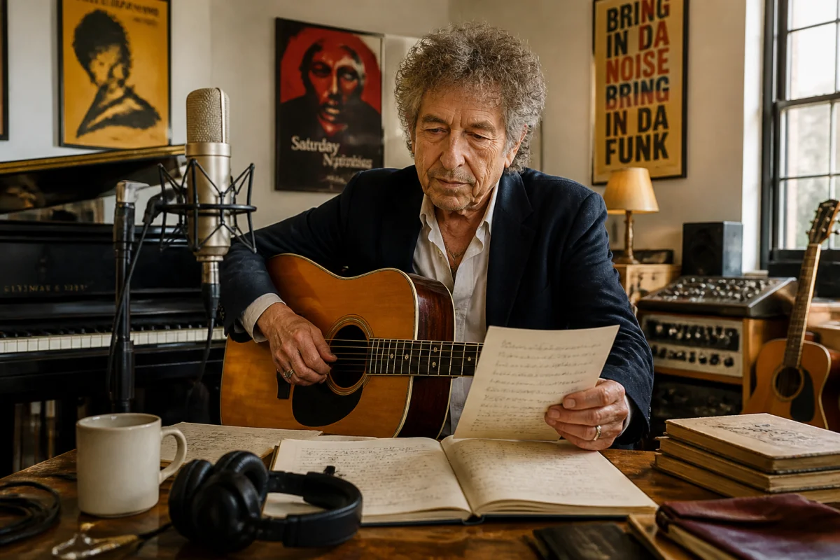 Que devient Bob Dylan : auteur-compositeur-interprète âgé en studio, guitare acoustique et notes musicales à la main