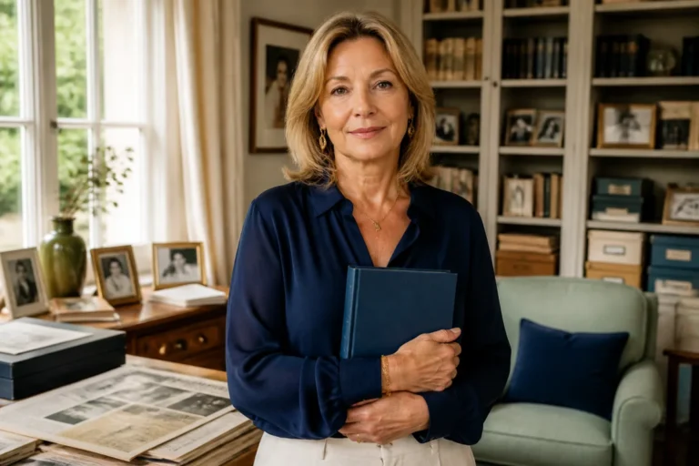 Portrait éditorial de Céline Boisson tenant un livre témoignage dans un salon lumineux rempli d’archives familiales