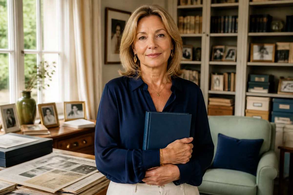 Que devient Céline Boisson aujourd’hui - Geekodrome: Boutique d'accessoires geek Portrait éditorial de Céline Boisson tenant un livre témoignage dans un salon lumineux rempli d’archives familiales