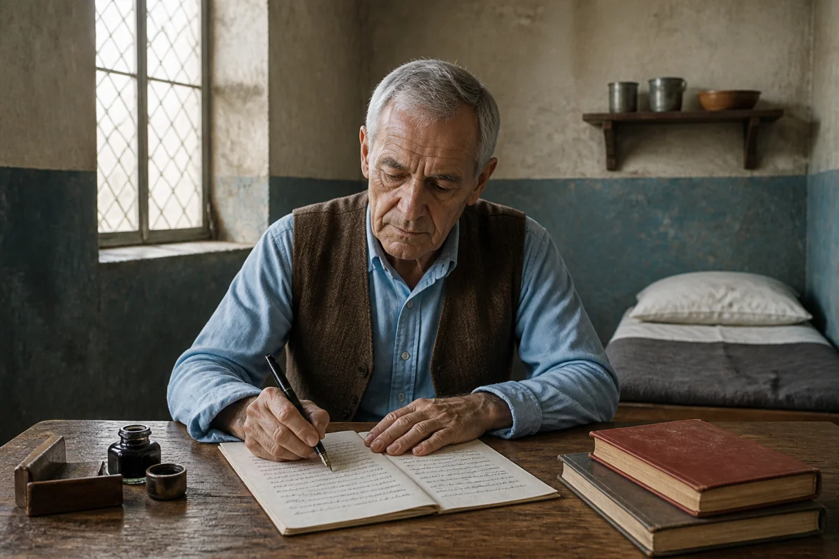 Que devient François Besse aujourd'hui - Geekodrome: Boutique d'accessoires geek François Besse âgé écrivant ses mémoires dans une cellule de prison, symbole de rédemption et de transformation personnelle