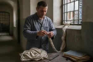 Reconstitution d’un détenu anonyme évoquant François Besse, préparant une évasion avec une corde de draps noués.