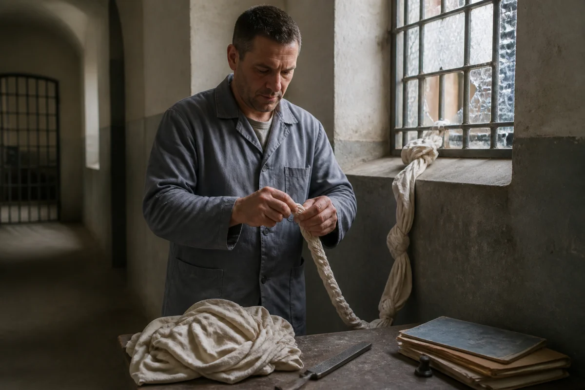 Reconstitution d’un détenu anonyme évoquant François Besse, préparant une évasion avec une corde de draps noués.