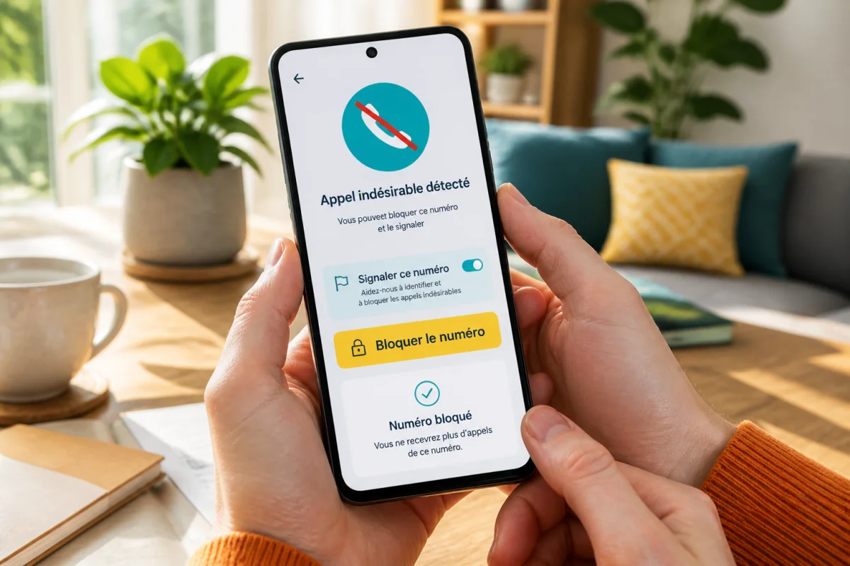 Comprendre les appels indésirables sur mobile au quotidien - Geekodrome: Boutique d'accessoires geek Comprendre les appels indésirables sur mobile grâce à un smartphone affichant les options de signalement et de blocage